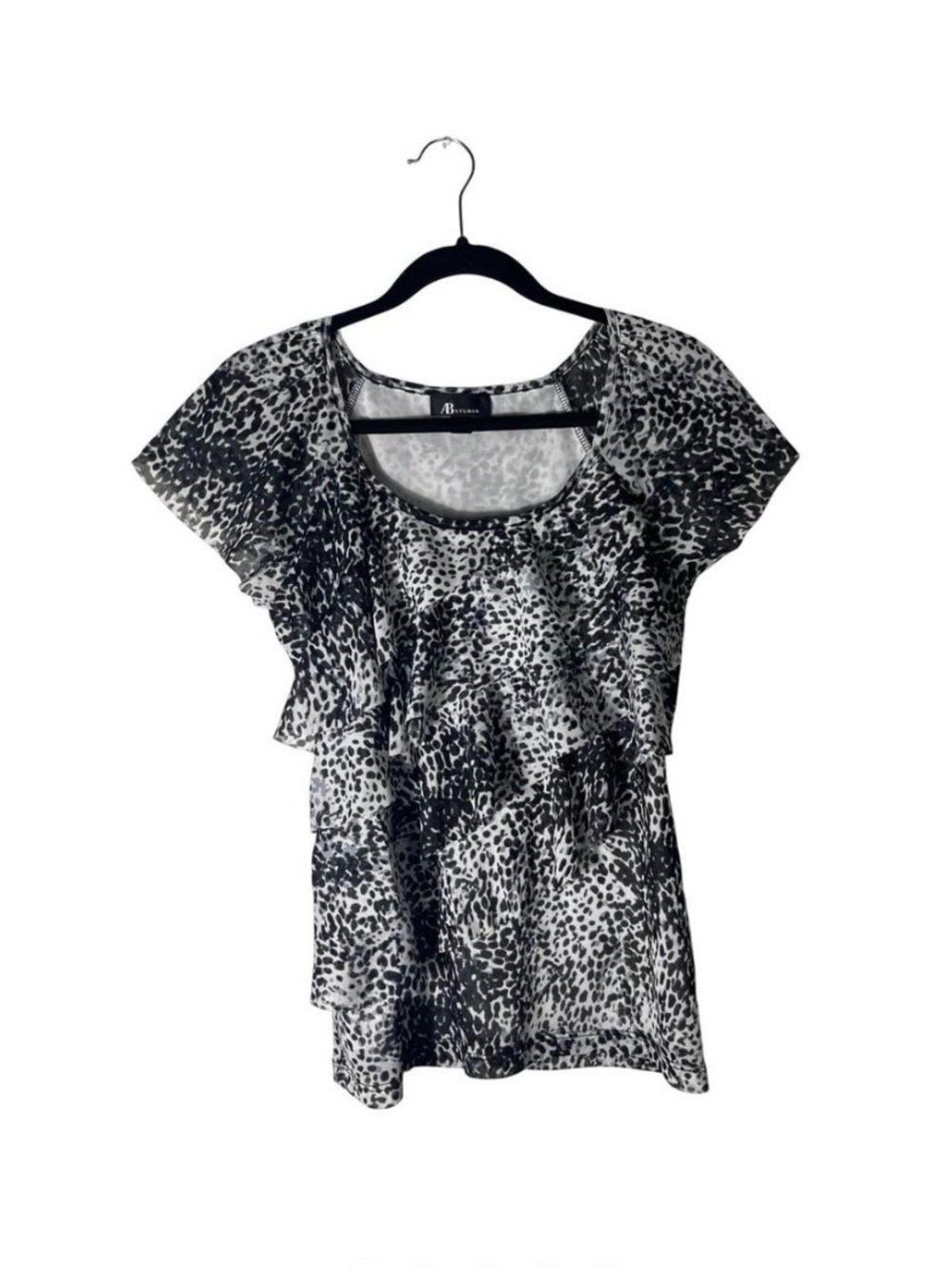 AB Studio Black and White Leopard Ruffle Short Sleeve Top